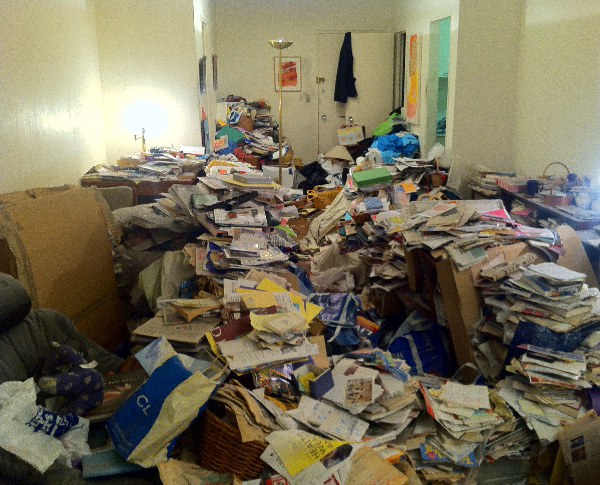 Severely cluttered residential room requiring a staged risk assessment