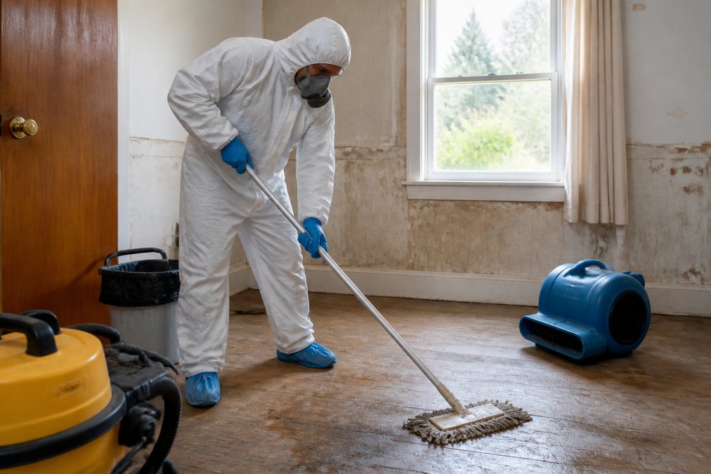 Specialist trauma-cleaning technician assessing a residential property