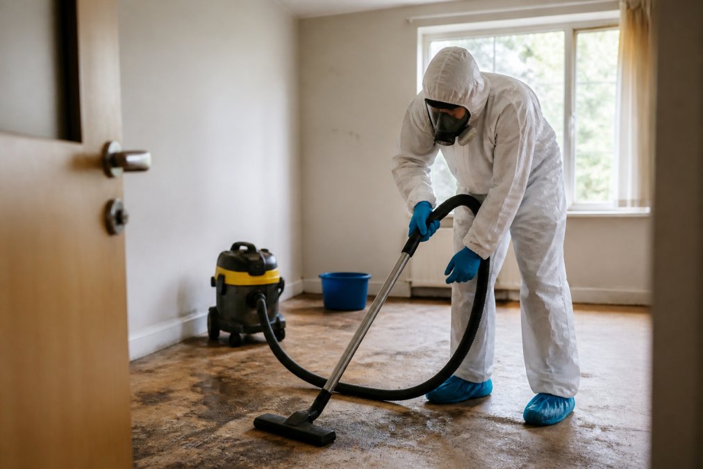Specialist cleaner wearing protective equipment during a property-cleaning assessment