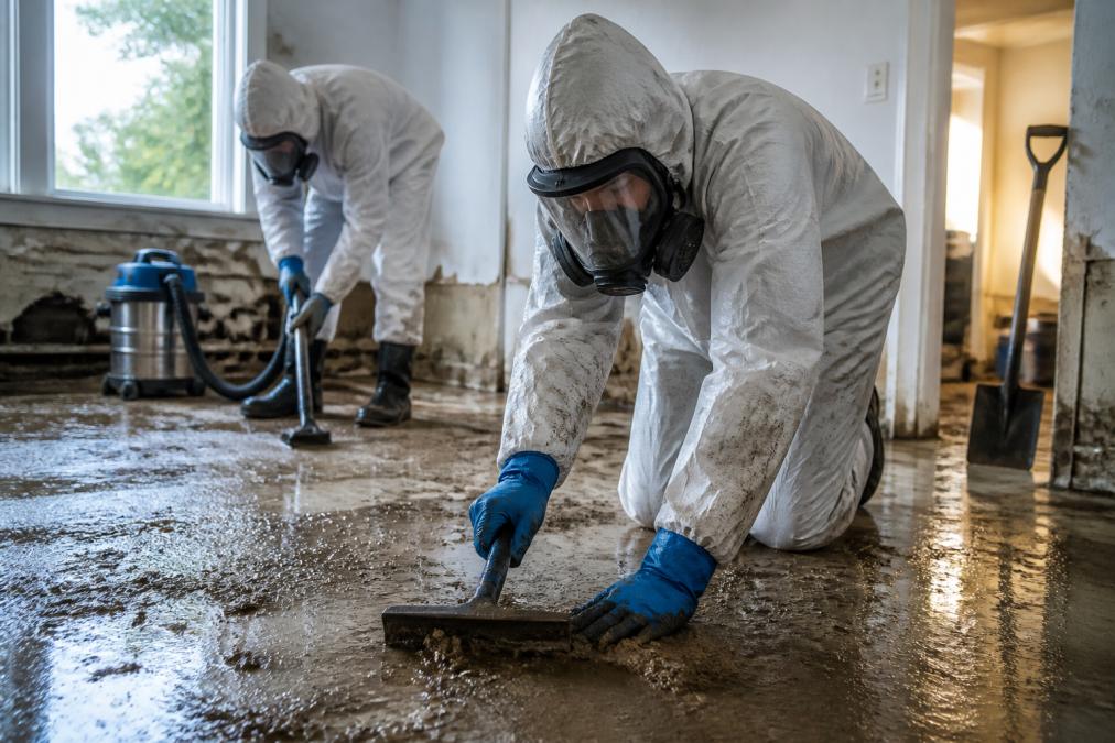 Professional cleaning team extracting water during a controlled flood response